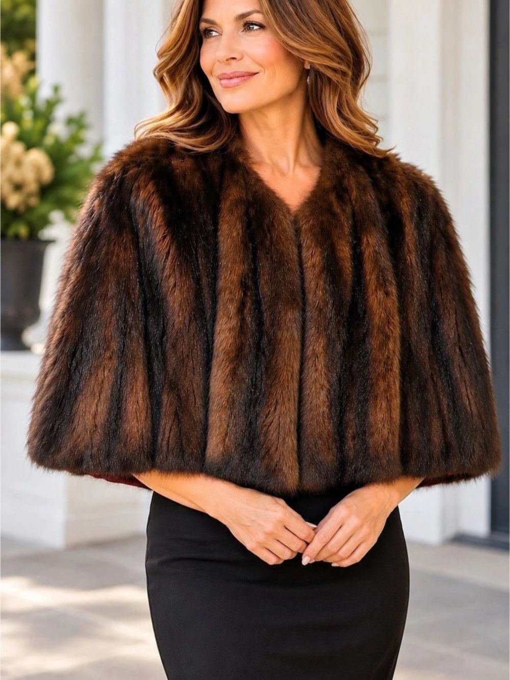 Vintage Genuine Dark Brown Fur Capelet Stole Wrap Shawl Burgundy Lining